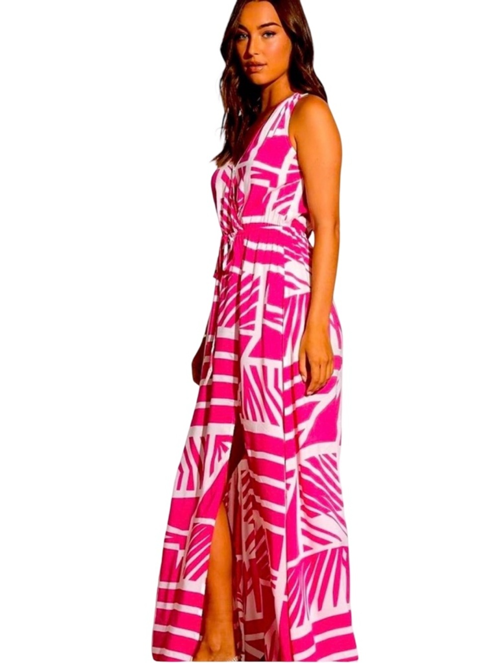 Elan Barbados Geometric Print Maxi Dress In Pink Size Small